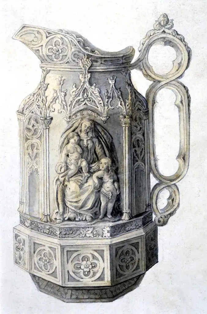 Black and white sketch of an extremely detailed, ornate jug featuring a woman with two naked infants