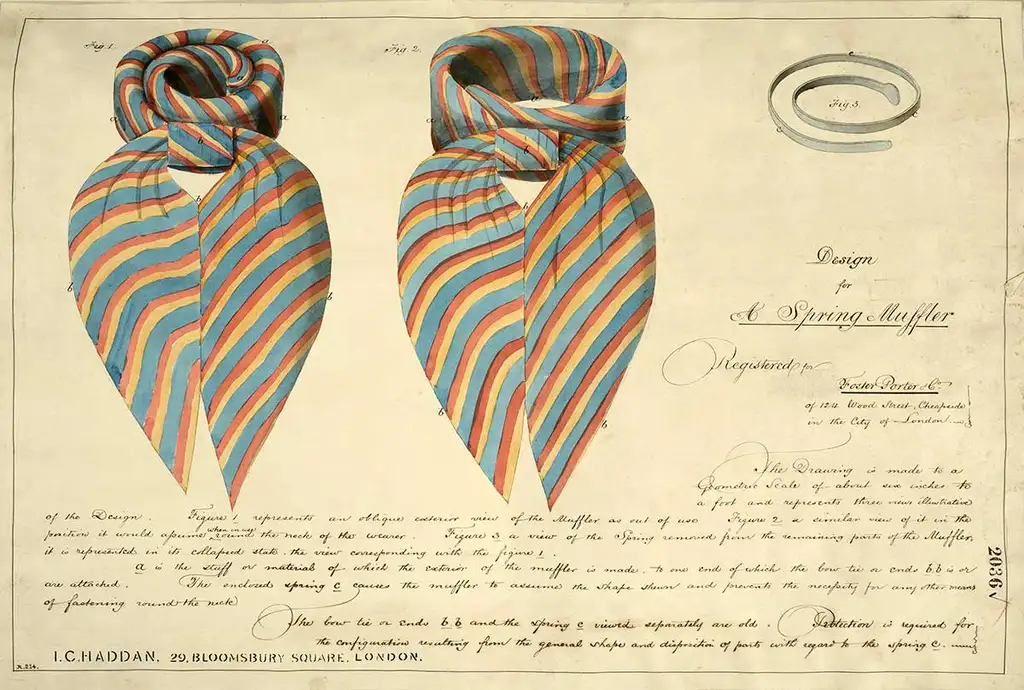 A diagram of a colourful striped necktie alongside a curled piece of metal.