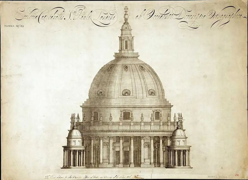 An illustrated side-on view of the dome of St Paul's Cathedral