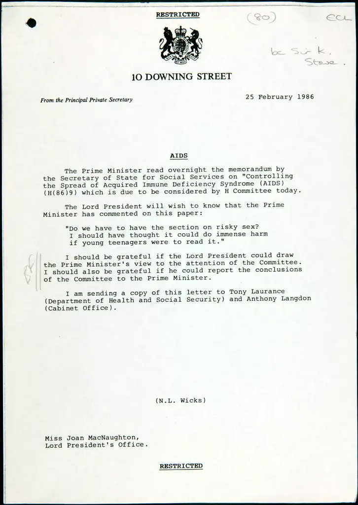 Printed letter on '10 Downing Street' headed paper with the word 'RESTRICTED' prominent.