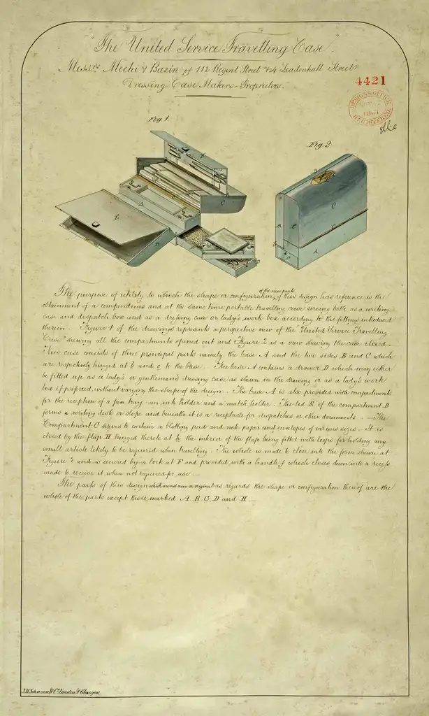 Labelled diagram of a blue case open, with many folding compartments, and closed.