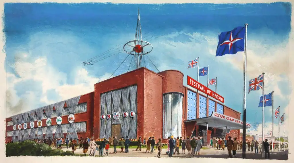 Neatly-drawn colour image of a red-brick building with a metal spire surrounded by flags and symbols