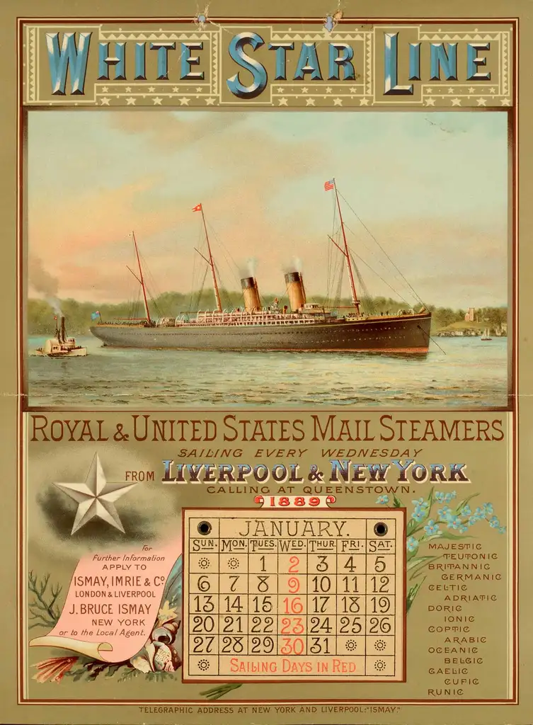 Poster with all the dates in January in a table and a large painting of a steamship, and many fonts.