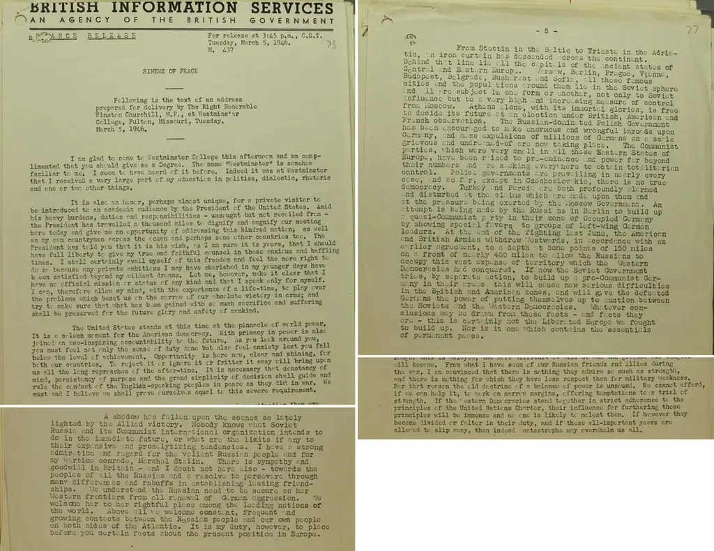 A typed version of Winston Churchill's iron curtain speech across two pages.