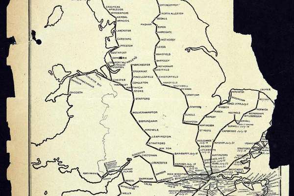 Map of England and Wales almost like a rail network plan showing stops on routes leading to London.