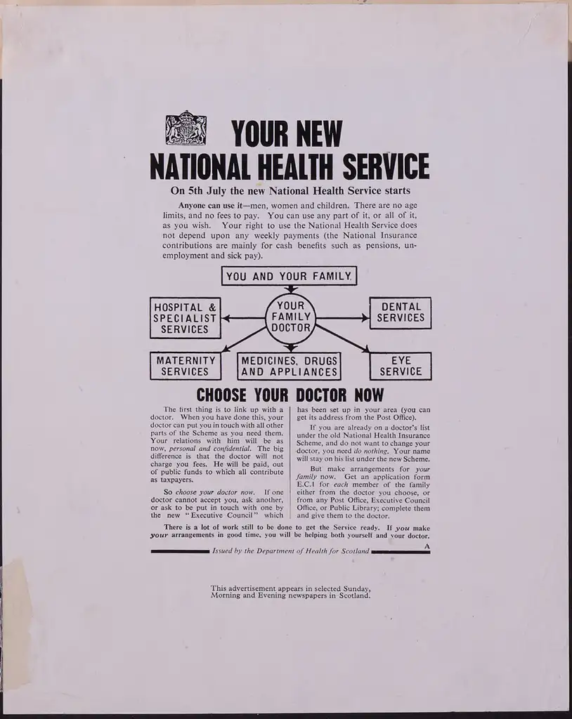 A leaflet titled 'Your new national health service' suggesting users to 'Choose your doctor now'