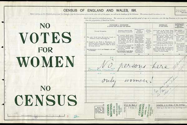 A piece of paper with columns titled 'No votes for women, no census'.