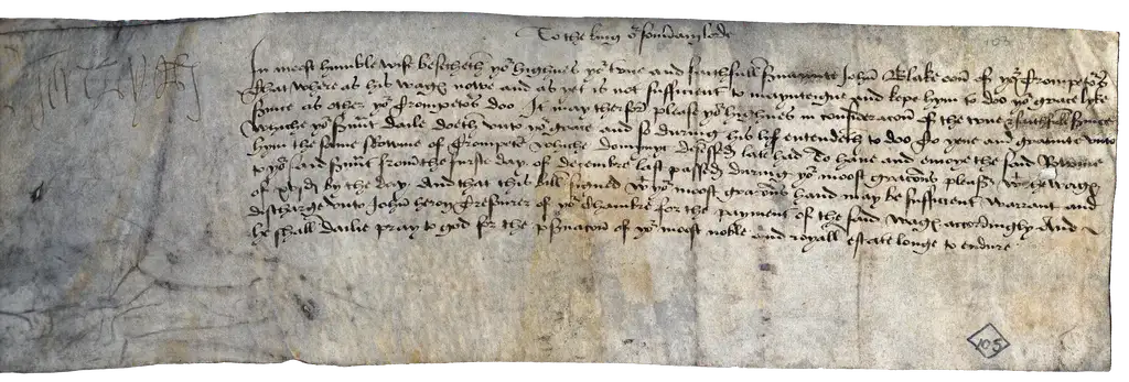 Grey parchment with nine lines of handwritten old English in ink beside a faint signature.