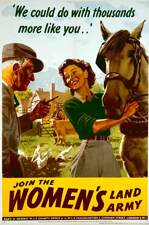 A Women's Land Army recruiting poster showing a land girl holding a horse speaking with a farmer.