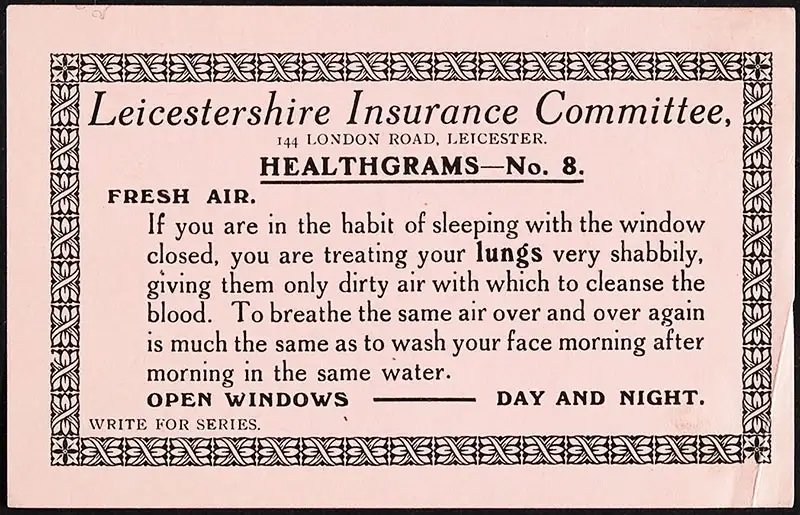 A small decorative card with advice on letting fresh air into your bedroom.