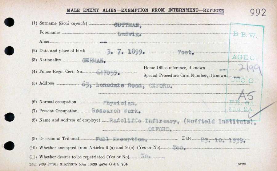 A filled out form detailing that Ludwig Guttmann was except from internment.