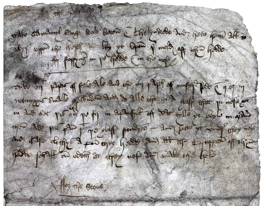 Beautiful Old English writing on a stained and wrinkled leathery surface.