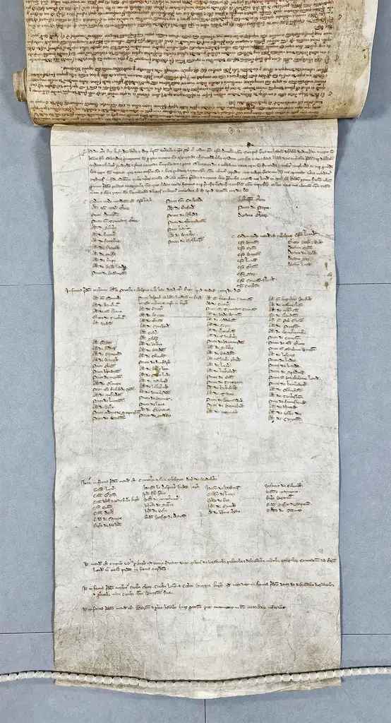 Strip of parchment attached to a roll with sentences and columns of names, held down by a weight.