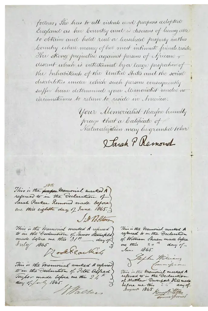 Handwritten text with the signature, and the names and addresses of her character references.