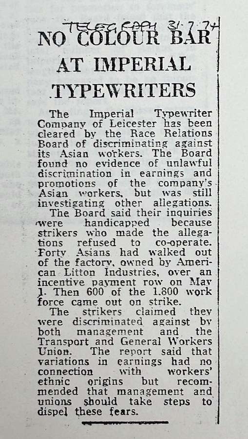 An newspaper article titled 'No Colour Bar At Imperial Typewriters'