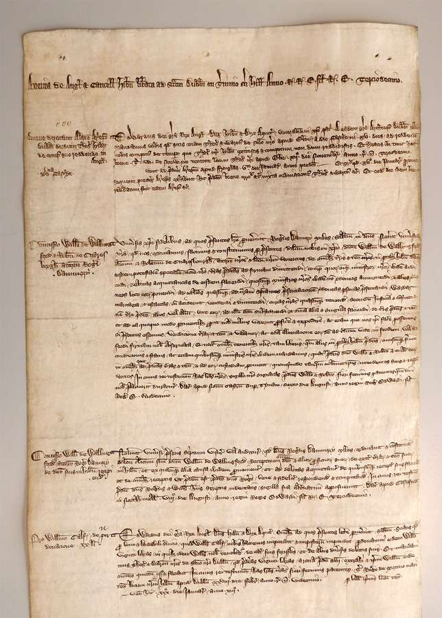 A page of parchment with four large paragraphs of medieval Latin on it.