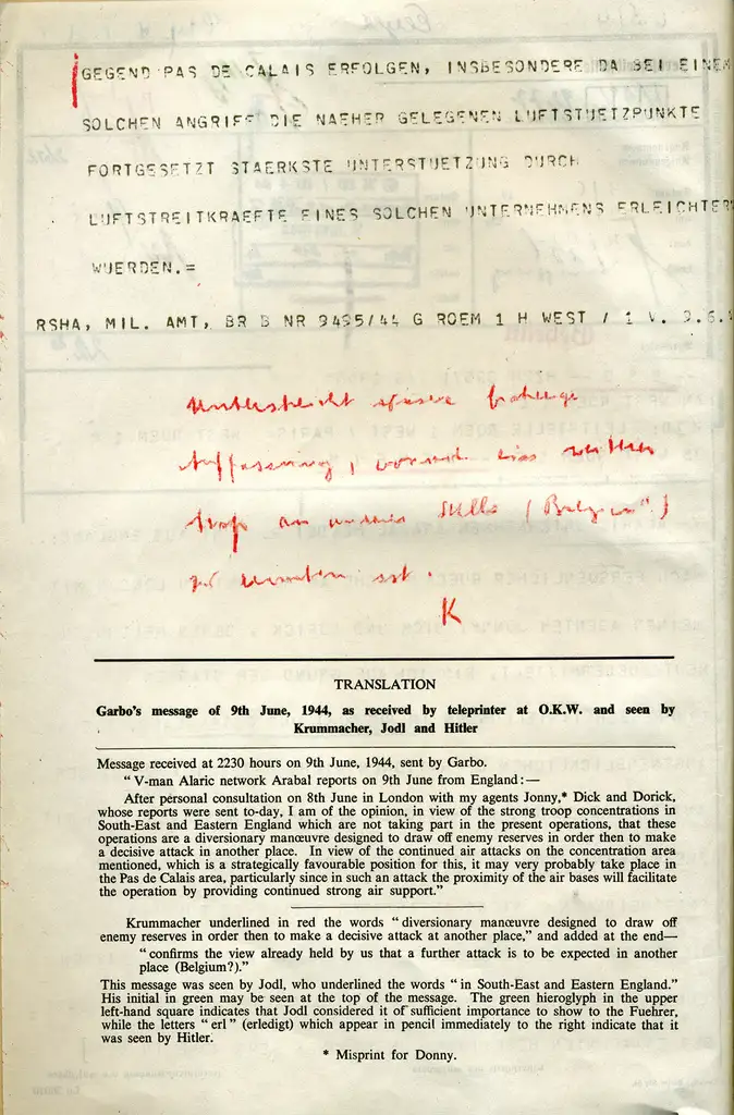 Telegram text written in German above a handwritten note in red above a printed English translation.