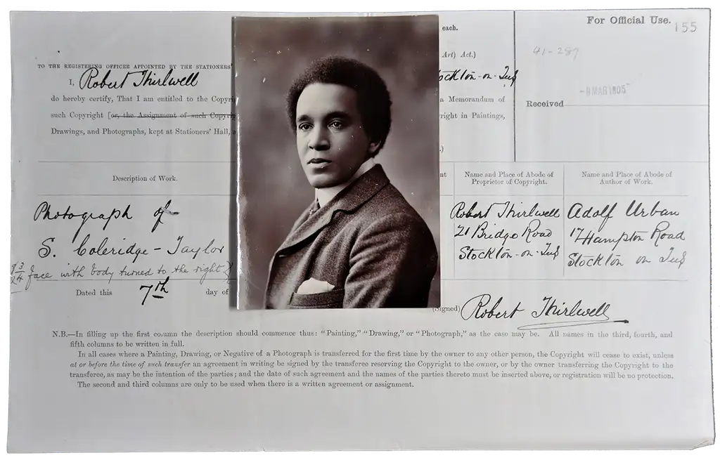 An official form with a black and white photograph attached of Coleridge-Taylor smartly dressed.