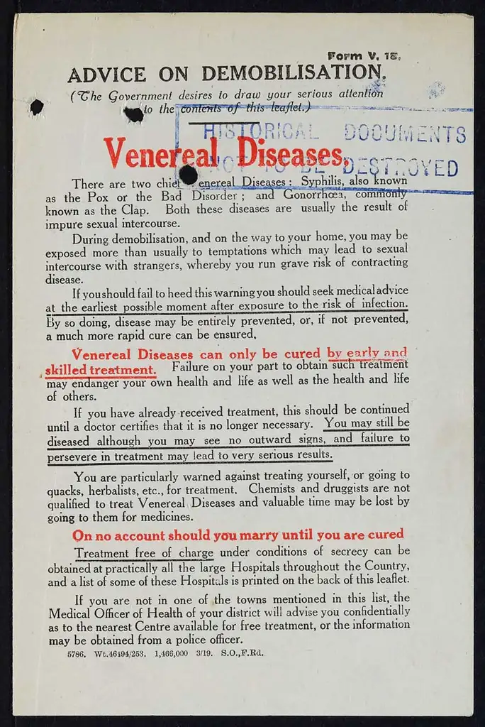 A densely written leaflet giving advice on venereal disease.