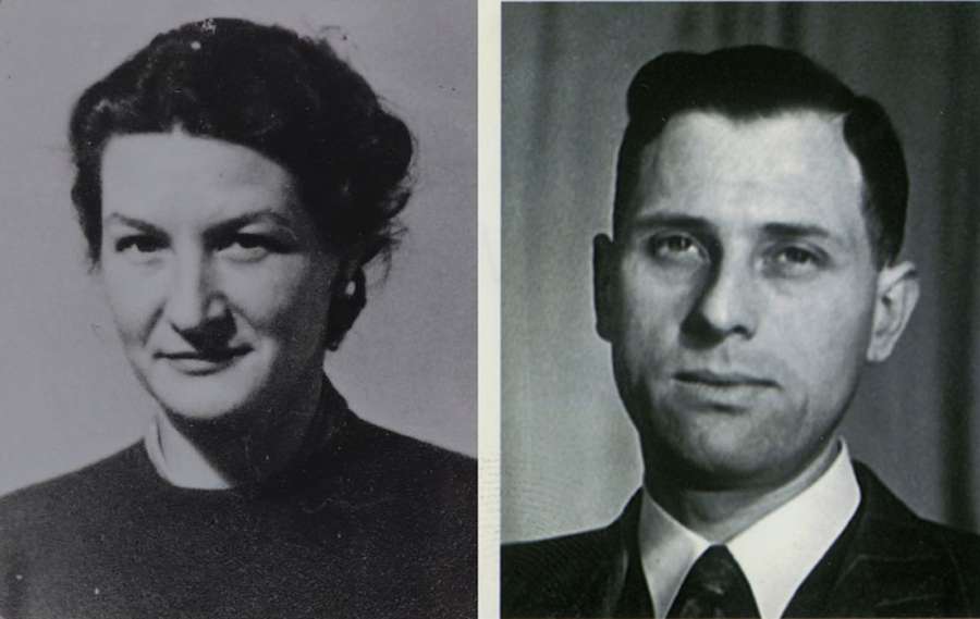 Left: Virginia Hall with an amused expression. Right: Jean Georges Duboudin wearing a suit..