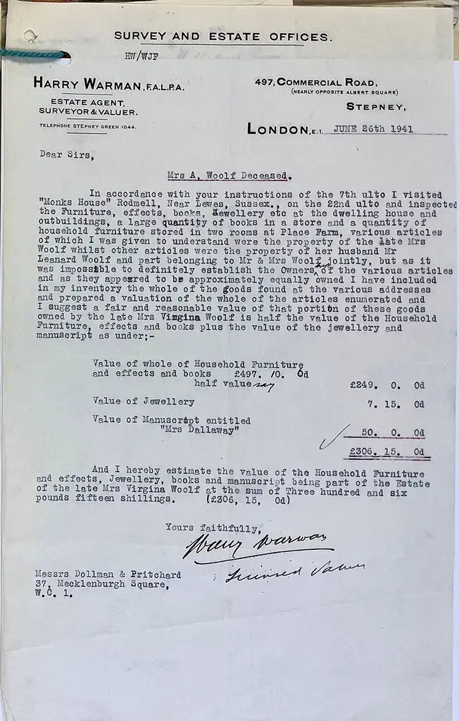 Typed letter headed 'Harry Warman, Estate Agent, Surveyor and Valuer'.