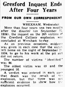 A newspaper report title 'Gresford Inquest End After Four Years'.