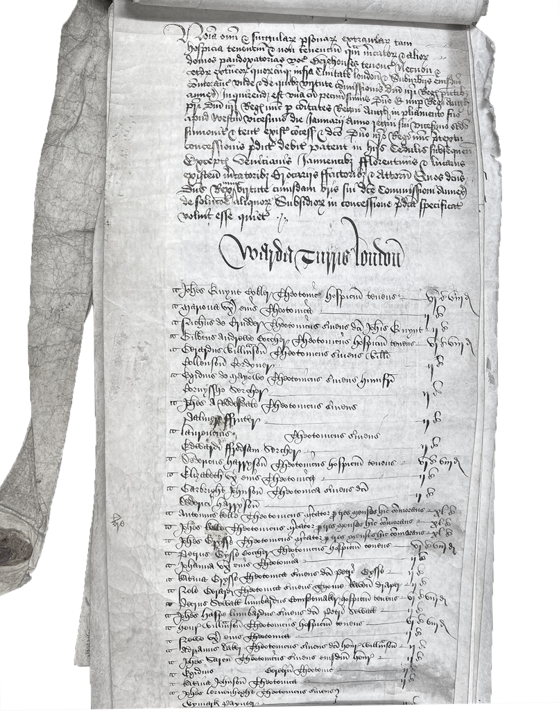 Latin writing on a long parchment, main focus is a list of names.