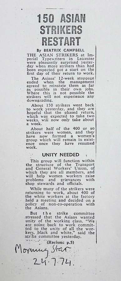 An newspaper article titled '150 Asian Strikers Restart'