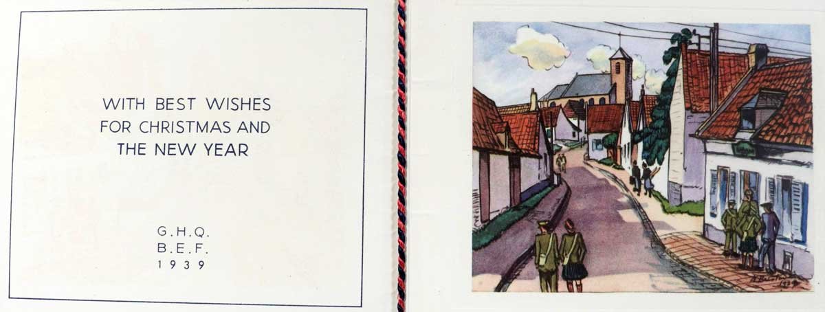 One one side sit the words, and on the other a colourful sketch of soldiers in a picturesque town.