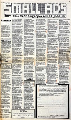 Newspaper page with columns of small text, with sections highlighted in orange.