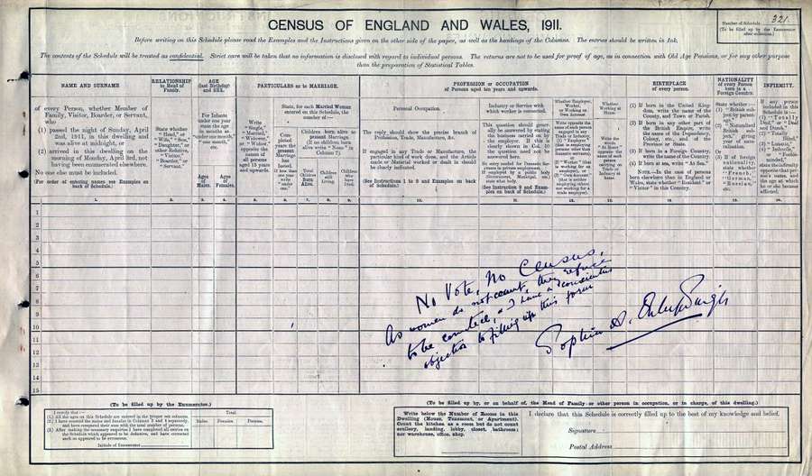 A census schedule with writing across it in protest 'no vote, no census, as women do not count'.