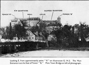 Three back and white photographs of Colditz Castle with areas pointed out including 'cells'.