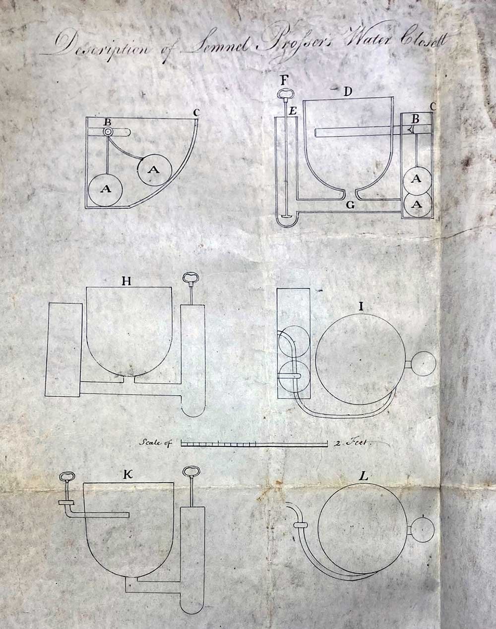 A series of detailed designs of different elements of a toilet