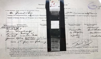 A form filled in by hand with a cinematograph film of a cricket player practising in the nets.