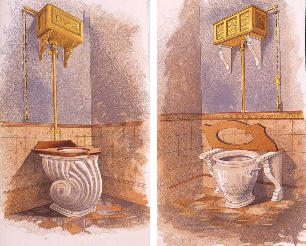 Two beautiful illustrations of toilets. One is in the shape of a shell, the other a large vase.