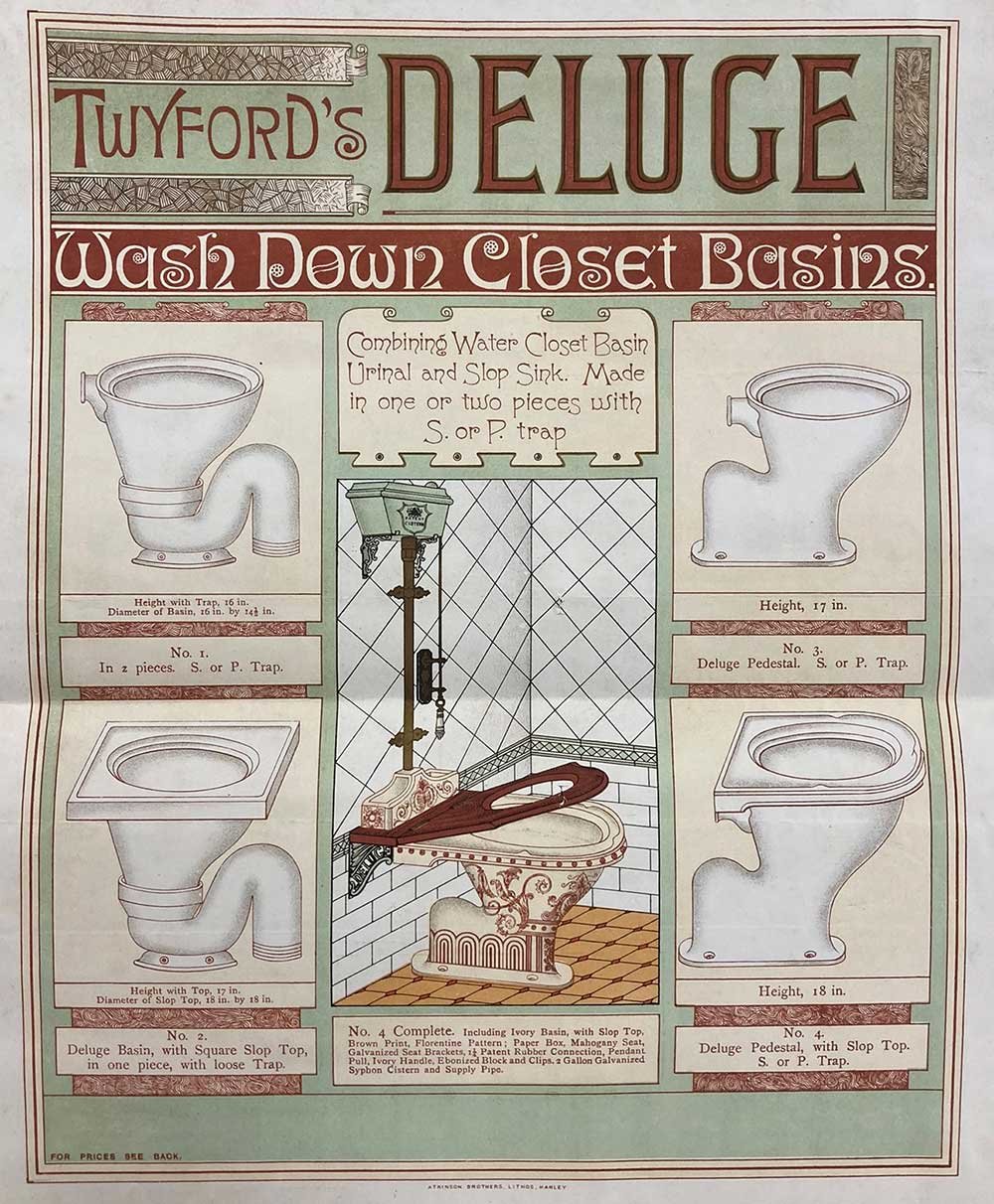A richly decorated poster featuring diagrams of toilet bowls and an ornate toilet in the centre