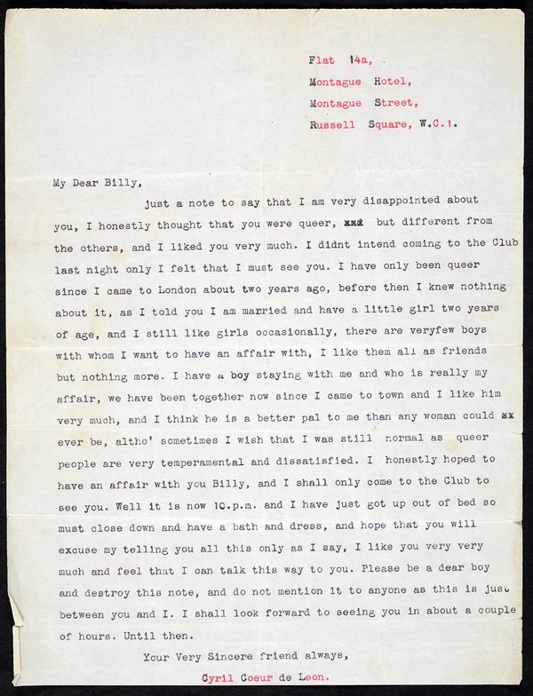 A typed letter to ‘My dear Billy’ in red and black ink