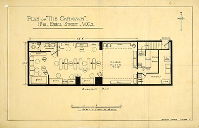 A hand drawn building plan showing the layout of the club, including a dance floor and seating area