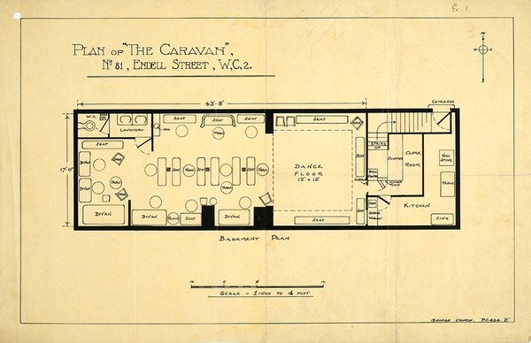 A hand drawn building plan showing the layout of the club, including a dance floor and seating area
