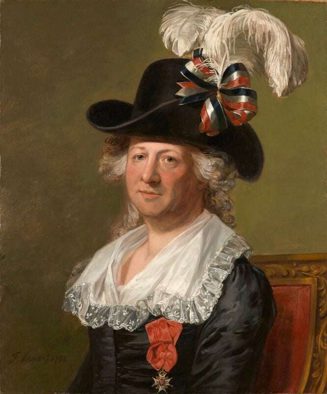 A portrait of the Chevalier d'Eon wearing a plain black silk dress with a large white lace collar.