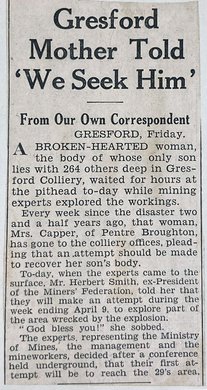 A newspaper article titled 'Gresford Mother Told "We Seek Him"'