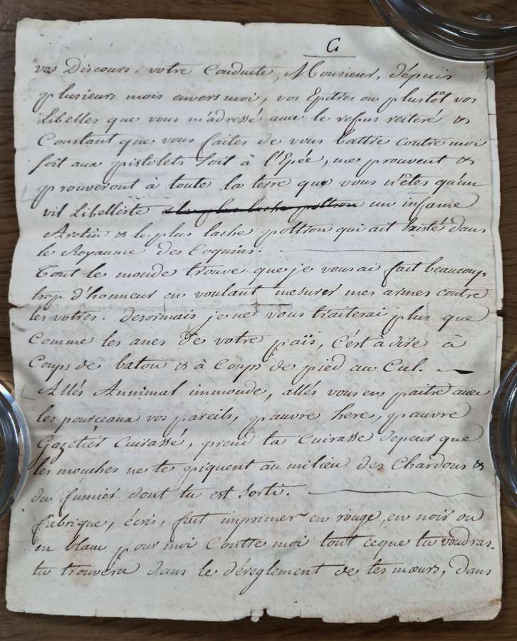 A handwritten letter by the Chevalier d'Eon.