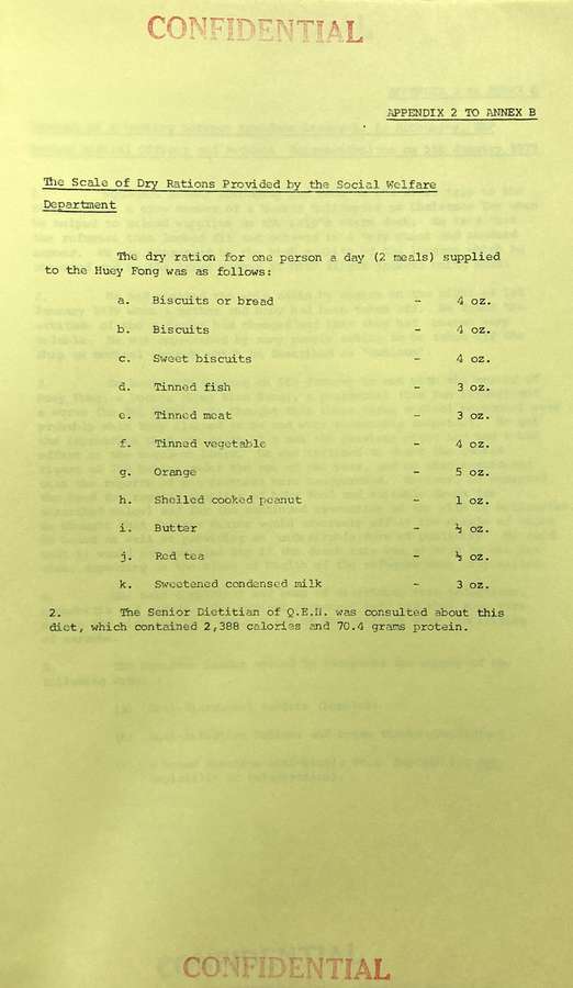 List of daily rations for passengers on the Huey Fong.