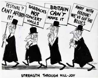 A cartoon of men in bowler hats carrying placards with slogans like 'Festival? Can't afford it!'