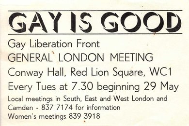 A printed ticket with a large bold heading reading 'Gay is Good'