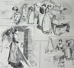 Series of illustrations of young women working in a factory.