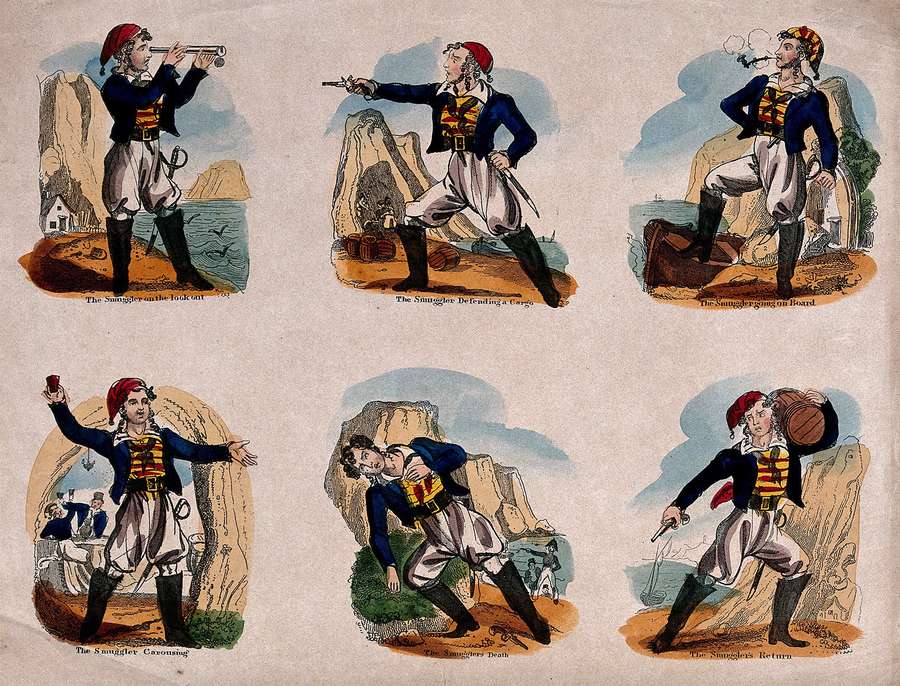 6 cartoon drawings of the same smuggler doing smuggling things. Includes being shot and stealing..