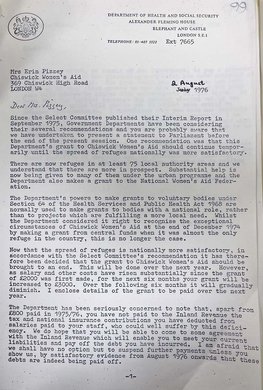 A typed letter to Mrs Erin Pizzey dated 2 August 1976.