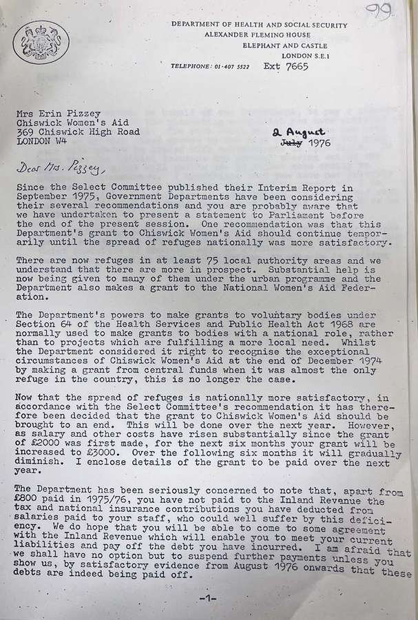 A typed letter to Mrs Erin Pizzey dated 2 August 1976.