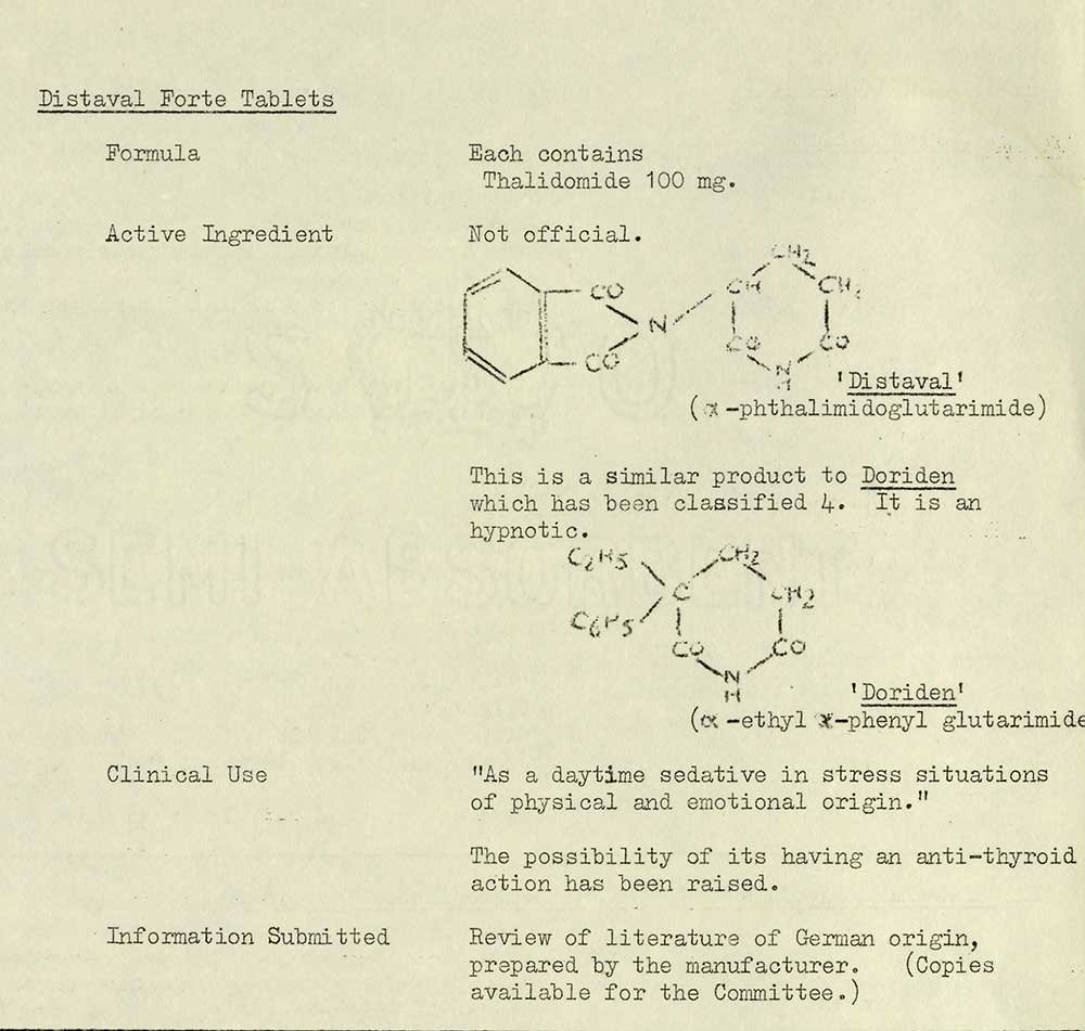 A typed document with a molecular diagram of a drug, describing the contents and use of thalidomide.